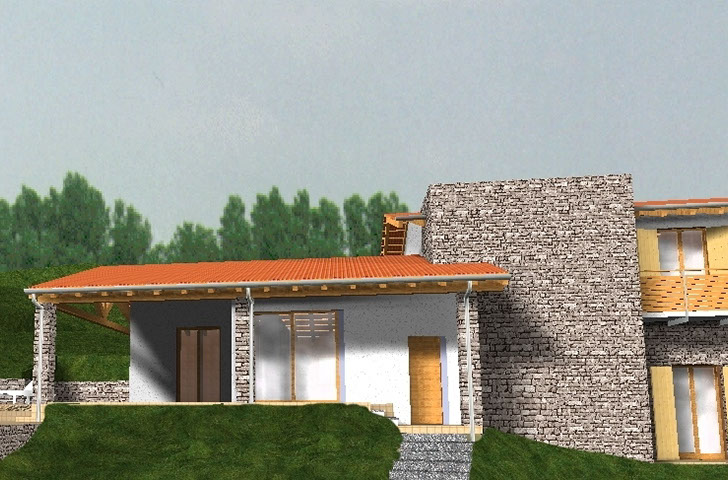 villa struttura legno rivestimento pietra render