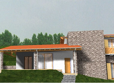 villa struttura legno rivestimento pietra render