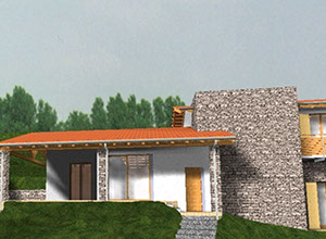 villa struttura legno rivestimento pietra render