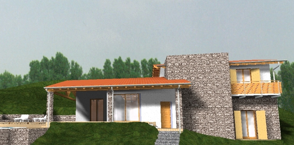 villa struttura legno rivestimento pietra render